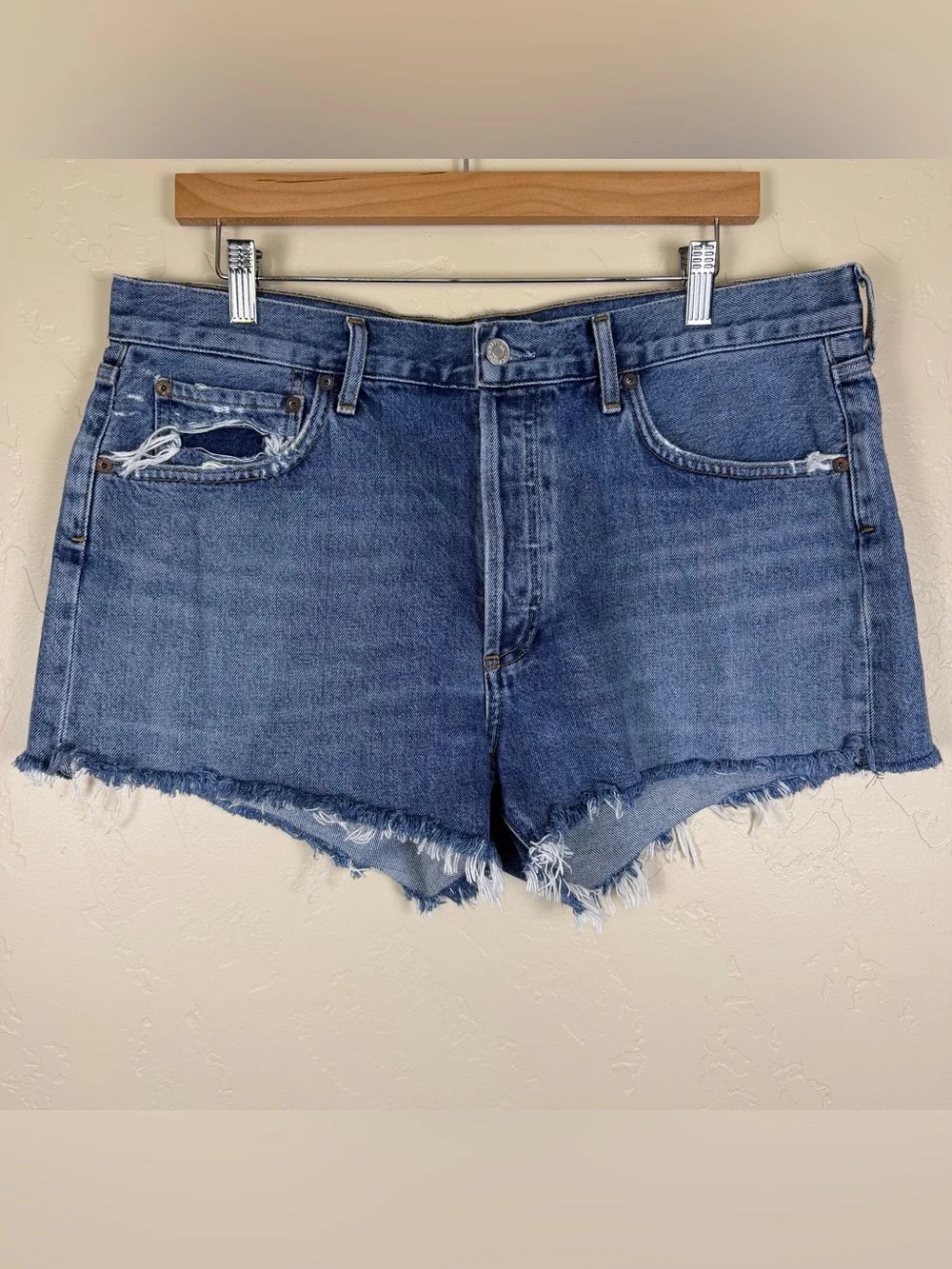 AGOLDE Parker Distressed Organic Cotton Denim Cutoff Shorts Blue Size 31